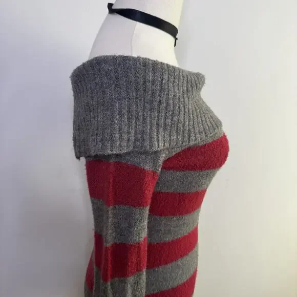 Vintage Y2K Striped Off the Shoulder Sweater Emo Scene Soft Girl Goth Witch S - Picture 4 of 7